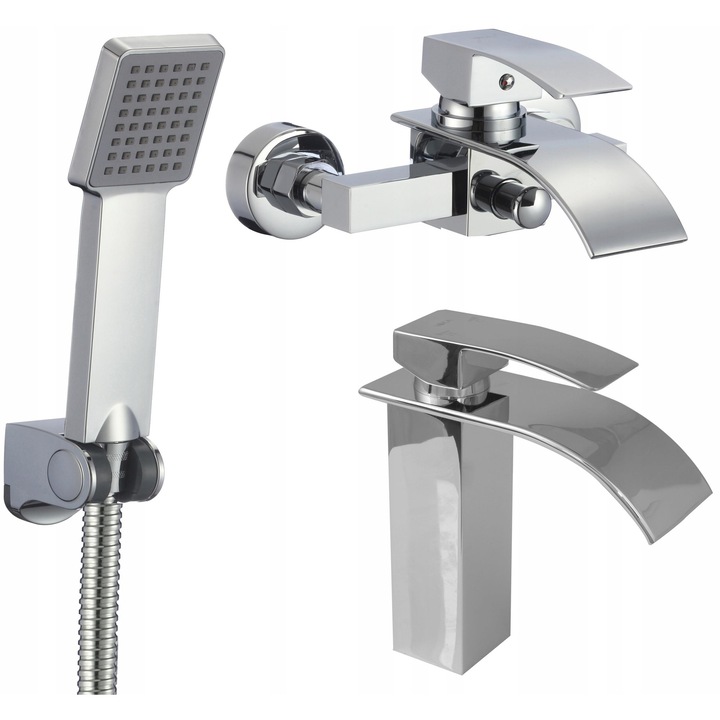 Set baterii sanitare Yoka Home, umywalka inalta cu efect de apafall, crom, 25mm, 30mm, 2 furtunuri 50cm