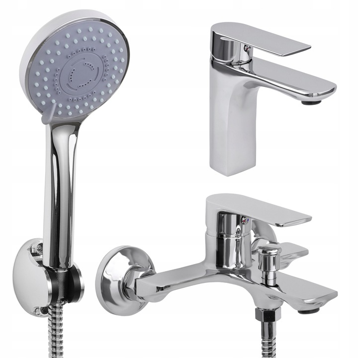 Set baterii baie Yoka Home, baterie umywalka si baterie wanna, crom, 35mm, 2 furtunuri 40cm