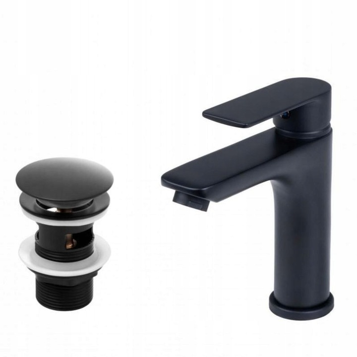 Yoka Home mosdó csaptelep szett, matt fekete, szabadon álló csapteleppel és automata "katt-klakk" leeresztővel, 35 mm, 40 cm