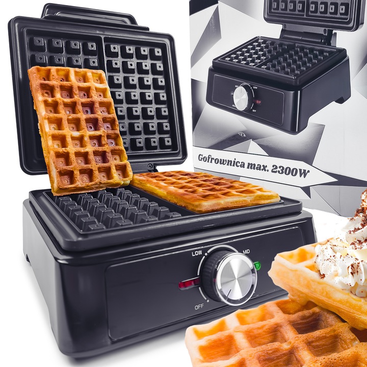 Gofra 2300W, YoloDiem, 2 gofre mari, neagra, reglare temperatura