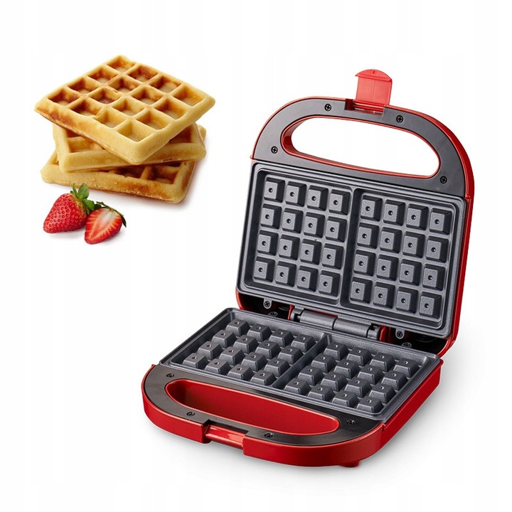 Aparat de preparat desert Aurora, gofrownica 750W, 2 gofre, rosie, material plastic