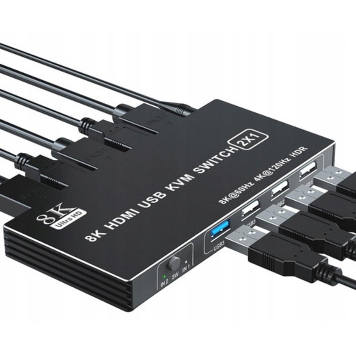 Switch KVM HDMI 2x1, 8K, 4 porturi USB, compatibil Xbox, PS5, PS4 Pro