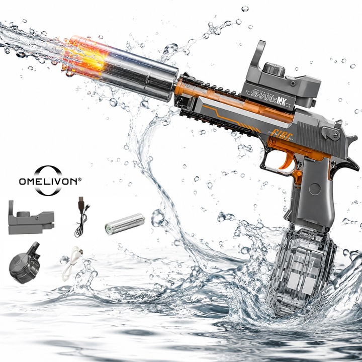 Pistol cu Apa Electric cu Acumulator, Omelivon®, Pistol electric cu apa, Design Transparent,10m raza, efecte de lumina colorate, Potrivit pentru petreceri in aer liber de vara, petreceri la piscina si distractie pe plaja, Negru