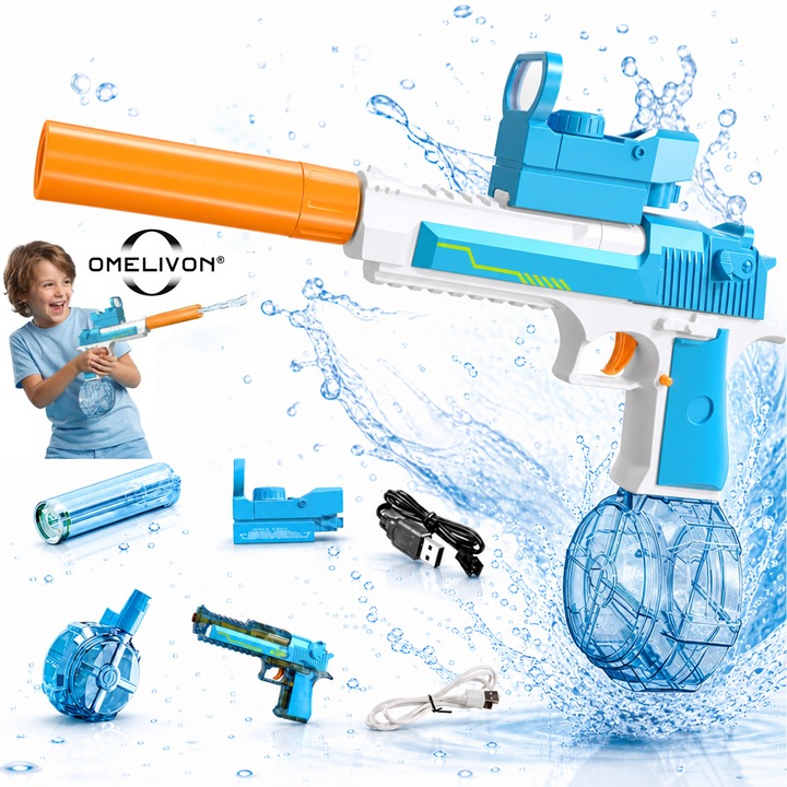 Pistol cu Apa Electric cu Acumulator, Omelivon®, Pistol electric cu apa, Design Transparent,10m raza, efecte de lumina colorate, Potrivit pentru petreceri in aer liber de vara, petreceri la piscina si distractie pe plaja, albastru