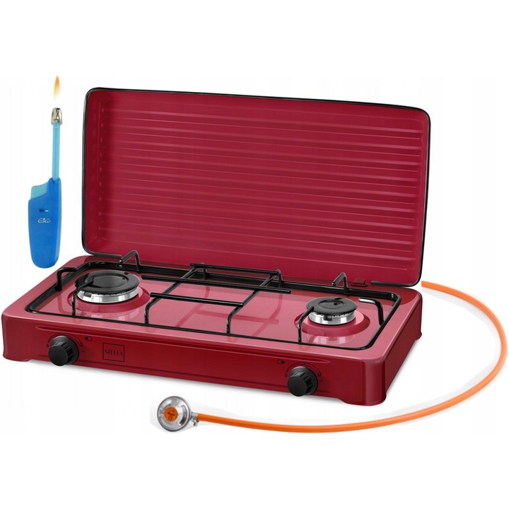 Aragaz Gaz STELLA STKGR-02, 2 Palnici, Culoare Rosie, Dimensiuni 61x36x11,5cm, Set Conexiune Butelie Gaz