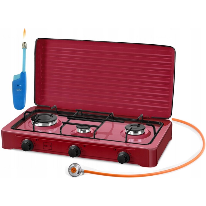 Aragaz turistic STELLA STKGR-03, 3 palnii, rosu, dimensiuni 61x36x11,5cm, set de conectare butelie gaz.