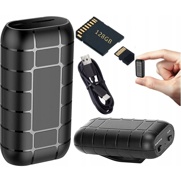 Мини диктофон 128GB, аудио запис, черен