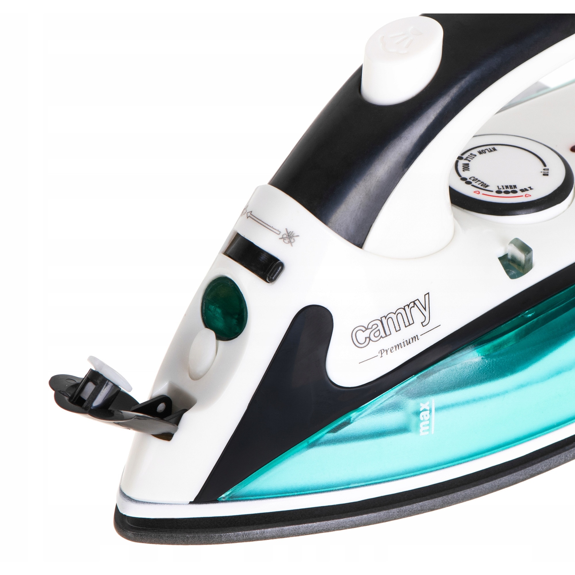 Fier De Calcat, Camry, CR 5024, Putere 1500W, Talpa Antiaderenta, Maner Pliabil, Calcare Cu Abur, Reglaj Temperatura, Design Compact, Usor 0.6 kg, Jet Apa, Ideal Pentru Calatorii, Verde/Alb