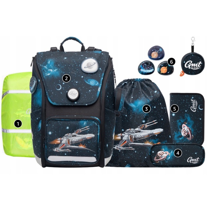 GMT 6 részes iskolatáska szett, űrhajó téma, szennyeződésálló, deréktámasszal, 22L