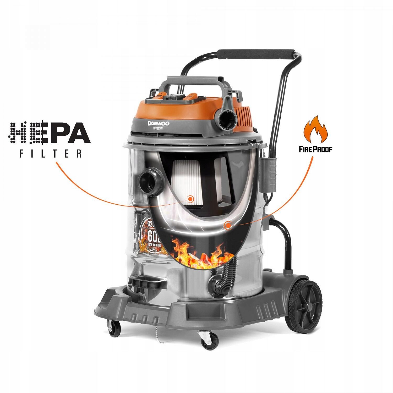 Aspirator industrial DAVC 6030S, 3200W, 60L, functie umeda/uscata, filtru HEPA, set complet