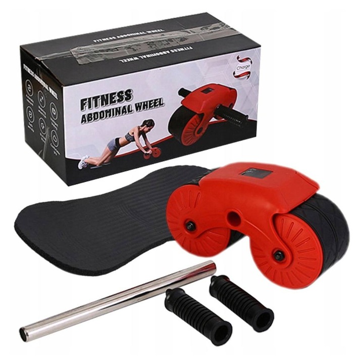 Rola de exercitii pentru abdomen, negru-rosu, cu manere ergonomice, maxim 200kg, set cu mini mata