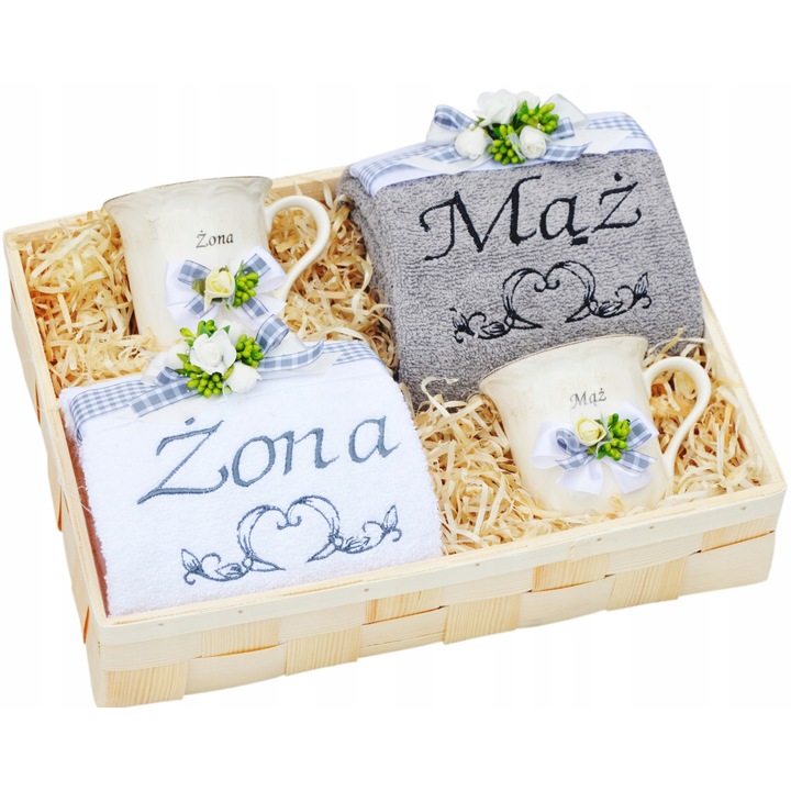 Set cadou prosoape si cani, 50x100cm, alb si gri, capacitate 400ml, Manufaktura Chodzieska