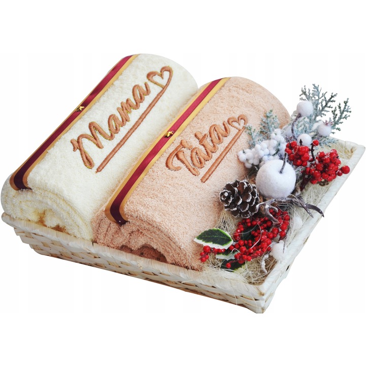 Set prosoape de baie, 2 bucati, OP, 100% bumbac, ecru si bej, 70x140cm, cu broderie "mama" si "tata", decorare festiva.