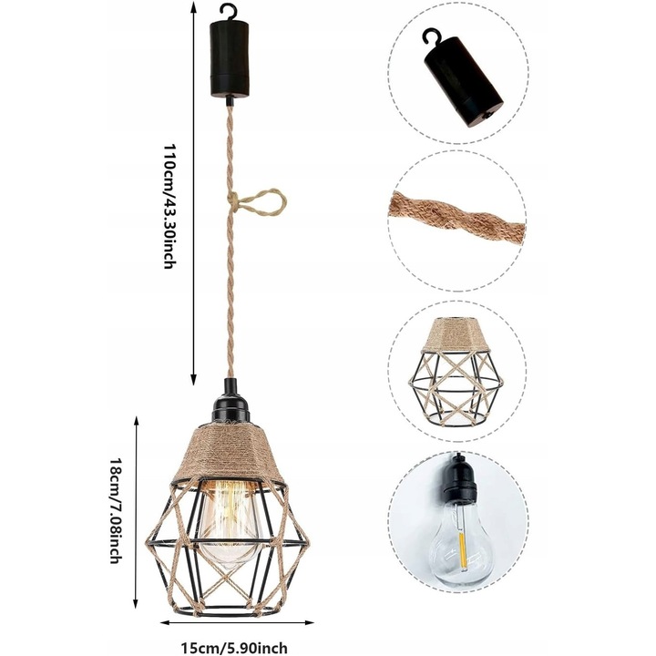 Lusta LED suspendata rattan boho, set 2 bucati, pentru gradina, bucatarie
