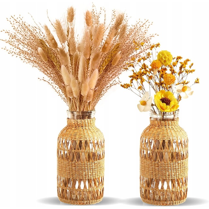 Vaza din sticla cu rattan impletit, set 2 bucati, 20x10cm, transparent, stil boho rustic