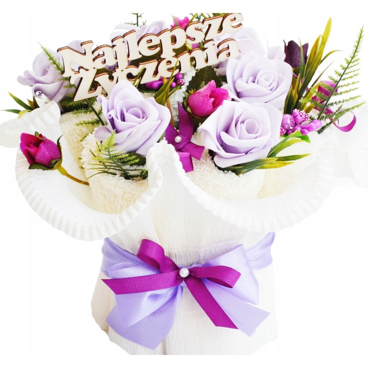 Buchet din prosoape, FM, 2 prosoape de baie 50x100cm, decor floral, personalizat cu mesaj, ambalaj elegant