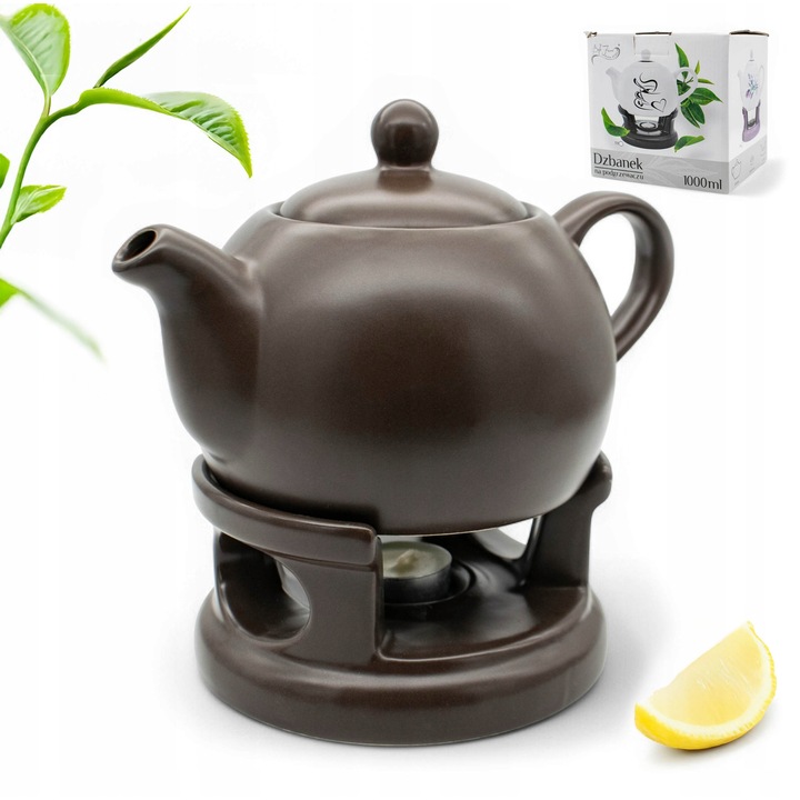 Bella Fiore teáskanna melegítőállvánnyal, 1L, kerámia, barna, 9,5x23x15cm