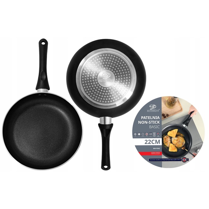 Mayerhoff Basic MH-F042 préselt alumínium serpenyő, tapadásmentes, indukciós/gáz/elektromos/kerámia/halogén főzőlaphoz kompatibilis, fekete, 22 cm