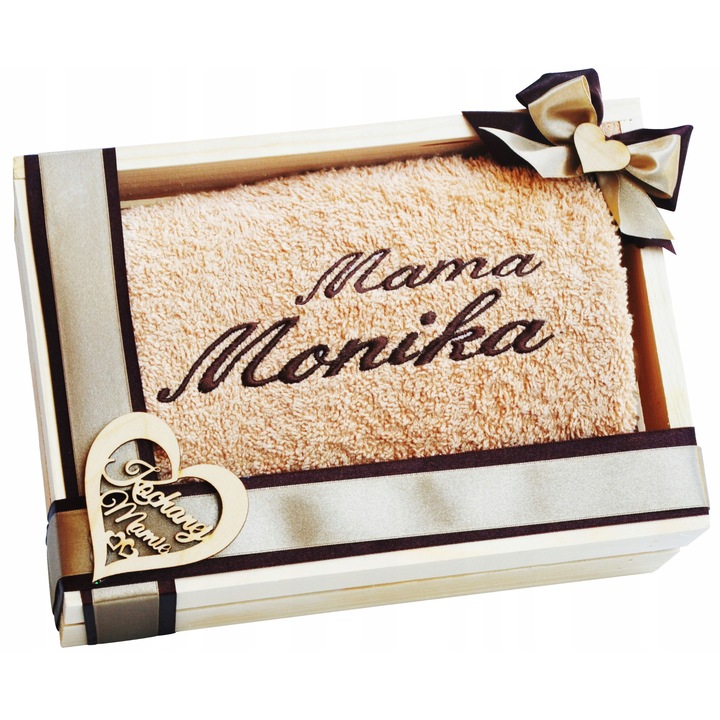 Set prosoape personalizate OP, 50x100cm, cu broderie pentru Mama si Tata, cutie din lemn 35x20x12cm, culoare multicolor