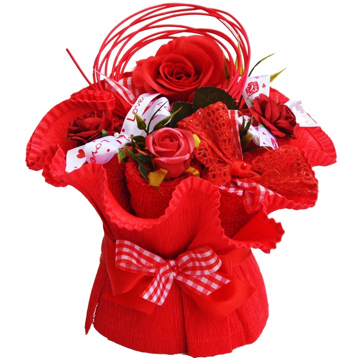 Buchet de prosoape, FM, set 3 prosoape 30x50cm, bicolor, decor floral, mesaj "Kocham Cie"