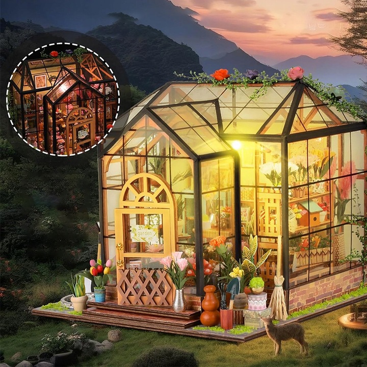 Set DIY camera miniaturala cu flori, model din lemn, 20x20x18cm