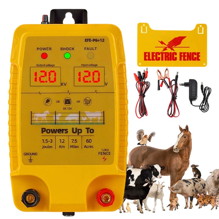 Elektromos állatkerítés, 12 km, 2 LCD kijelző, IP54 vízálló, sárga, komplett szett