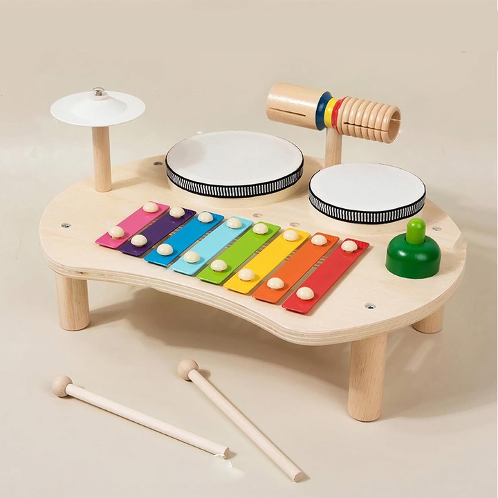 Set instrumente muzicale de jucarie, BEDEE, din lemn, cu toba si clopotei, colorat