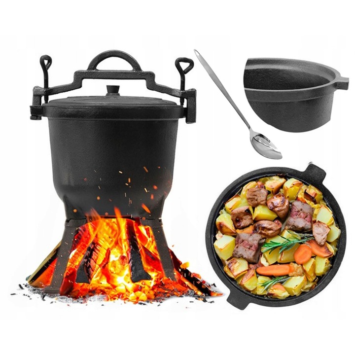 Kociolek din fonta Meyerhoff 8L, cu capac si maner, picioare detasabile, 33,5x22x35,5cm, set cu lingura inox 33cm