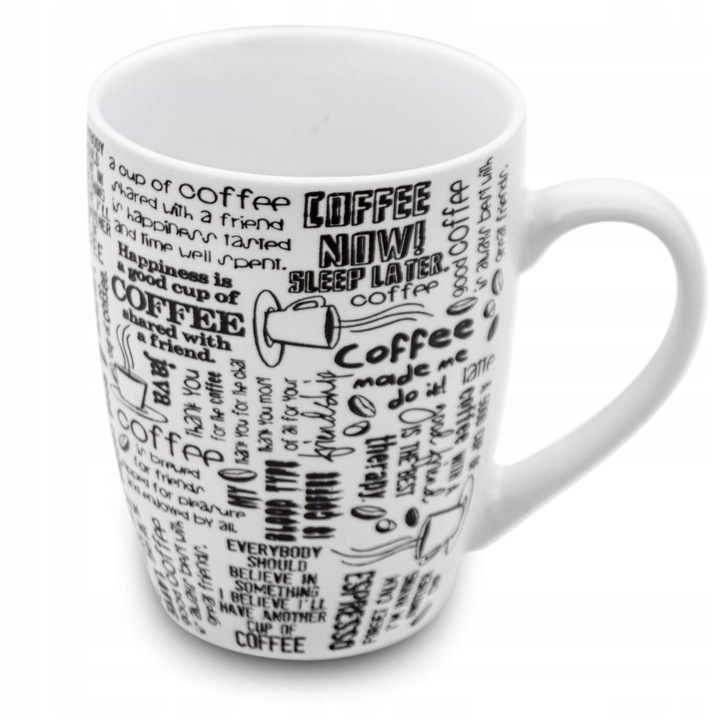 Set 6 cani ceramice Bella Fiore, 350ml, alb-negru, design cafea, 8,5x12x11cm