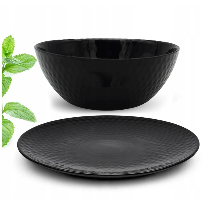 Set Farfurii si Boluri 12el, Tragar, Sticla, Rotund, Negru