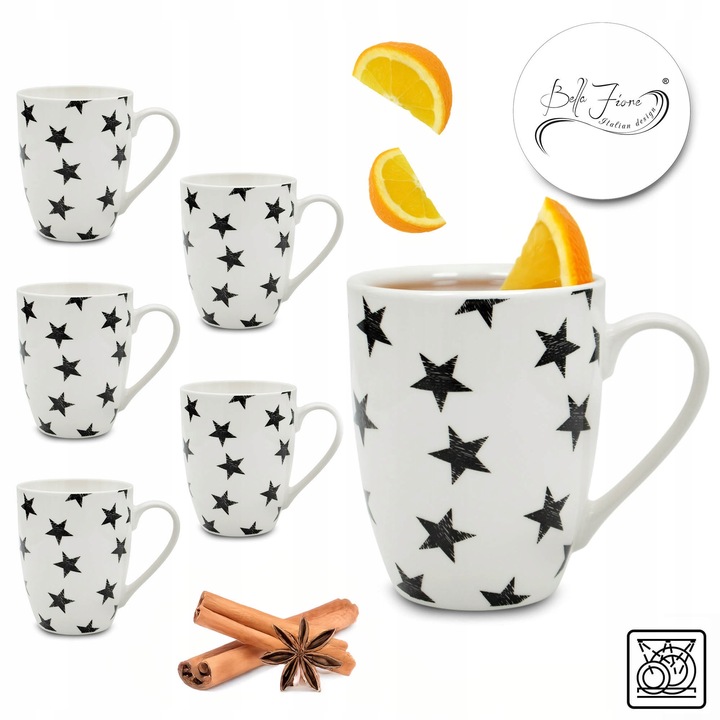 Set 6 Cani Portelan 400ml, Alb cu Stele, Design Clasic