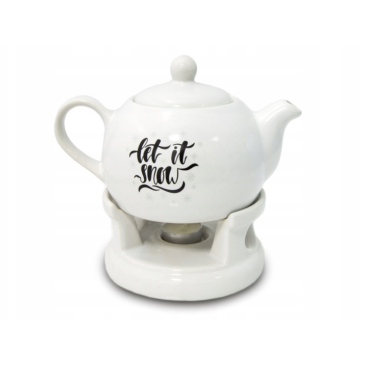 Tragar teáskanna melegítővel, 1L, kerámia, fehér, 13x23x15cm, szett