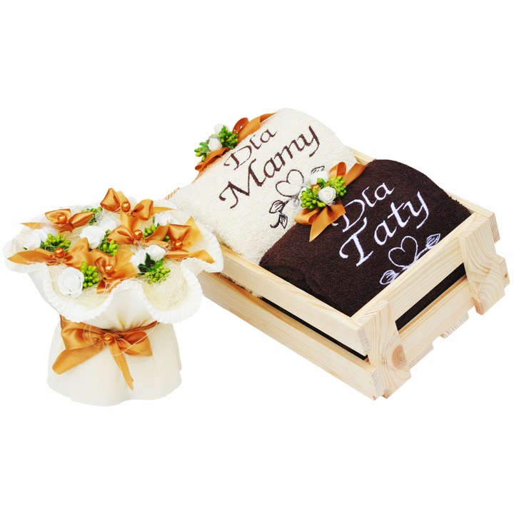 Set de prosoape pentru parinti, ecru si bronz, 70x140 cm, cutie din lemn 36x20x12 cm