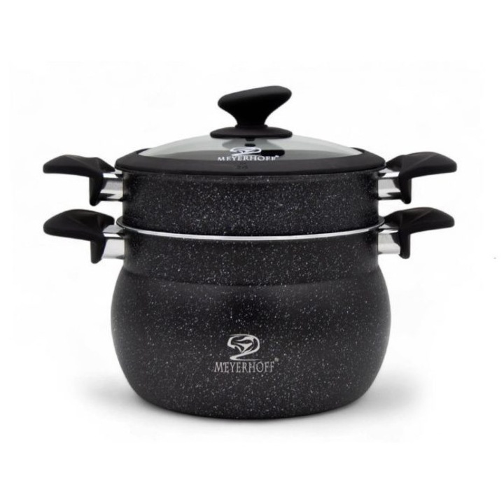 Oala de gatit la aburi Meyerhoff, 24cm, 9L, inox, capac din sticla, set 3 piese