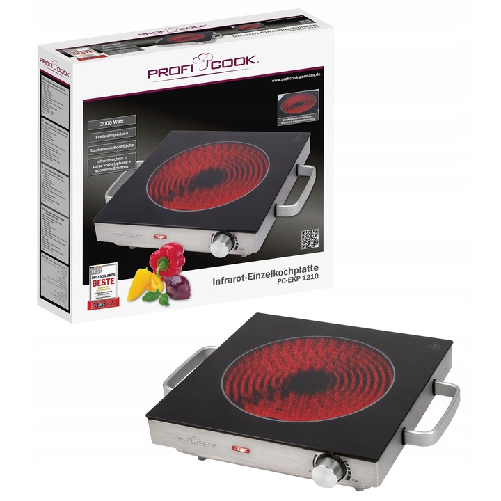Plita electrica ceramica ProfiCook, 2000W, tehnologie cu infrarosu, 200mm, 380x79x326mm