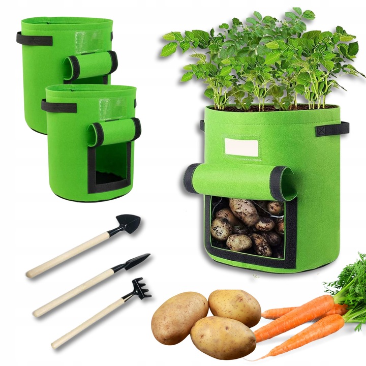 Set 3 ghivece pentru legume, 35x35cm, material textil, verde