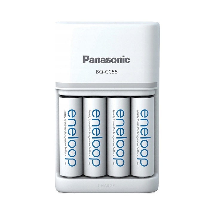Panasonic BQ-CC55 töltő 4 db eneloop AA 2000 mAh elemmel, 100-240V, 4 töltőnyílás
