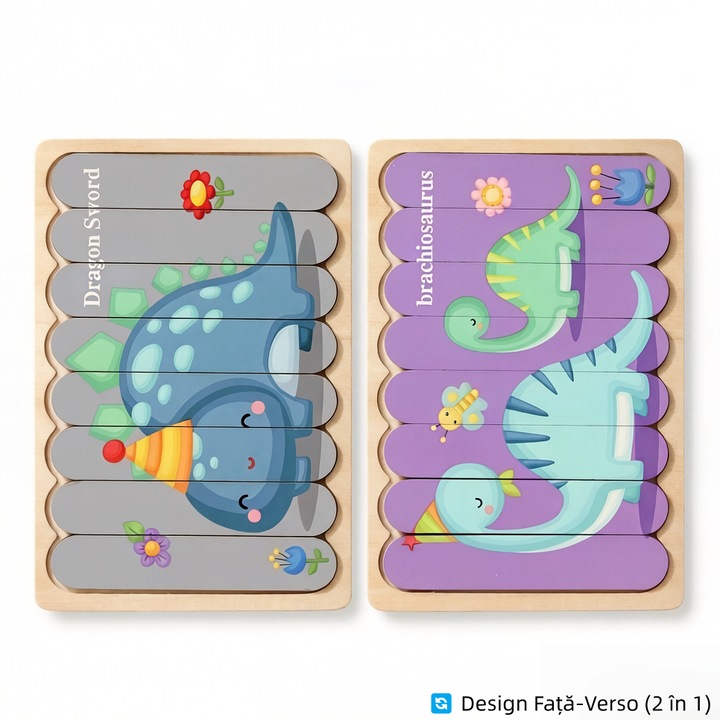 Комплект дървен пъзел, TongYueFun, Двустранна тема динозаври, Дебели 3D части, 3 години+, Многоцветен