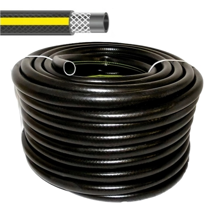 Градински маркуч 3/4", 50м, устойчив, черен с жълти ивици, 3 слоя