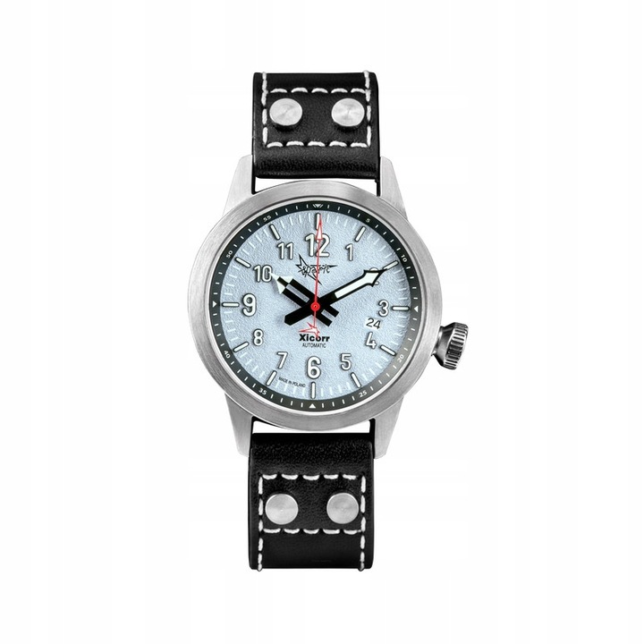 Xicorr LIGHT BLUE férfi karóra, automata szerkezet, 44x12mm rozsdamentes acél tok, fekete bőr szíj, 100m vízálló, teljes készlet