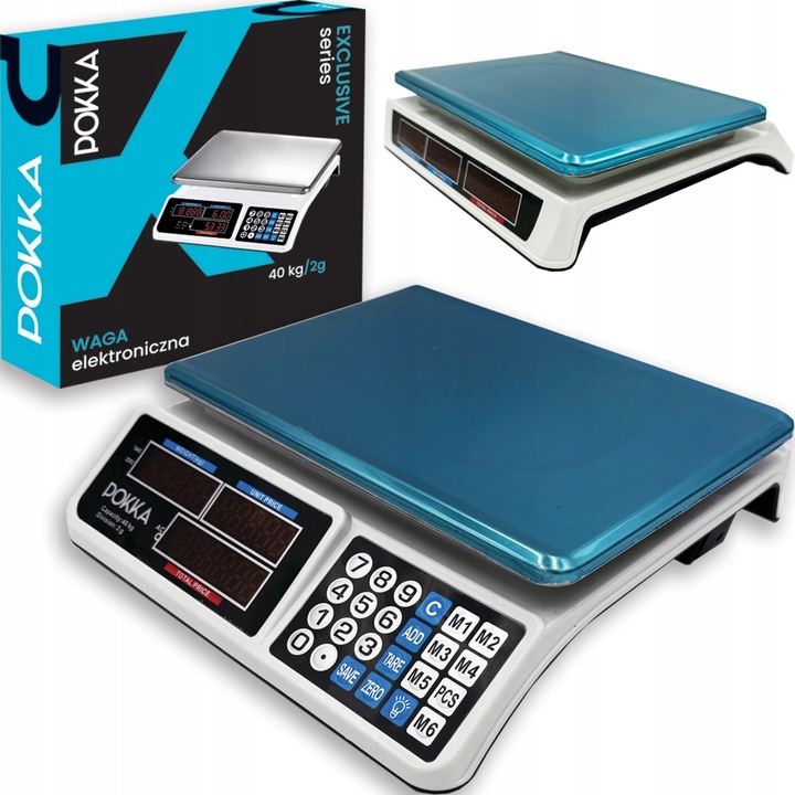 Cantar electronic POKKA, model EXCLUSIVE, 40kg/2g, display LCD, dimensiuni 36.5x13.5x36cm, set cu alimentator