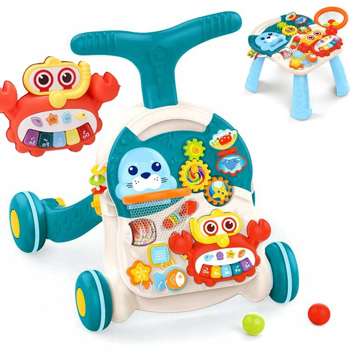 Huanger interaktív 2 az 1-ben járássegítő/tolóka, többszínű, 47x44x47cm, oktatóasztallal és zongorával