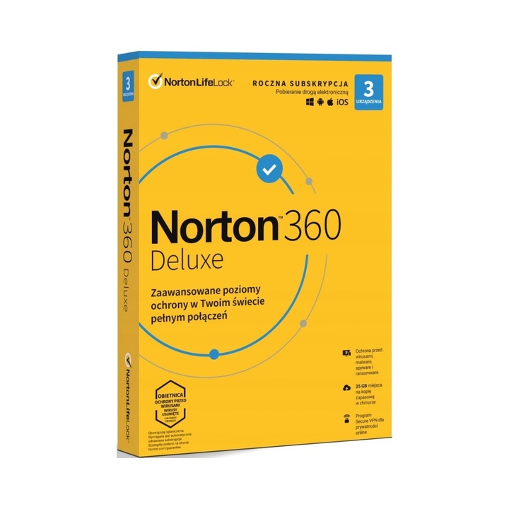Antivirus Norton 360 Deluxe, 3 utilizatori, 12 luni, protectie in timp real, 25GB