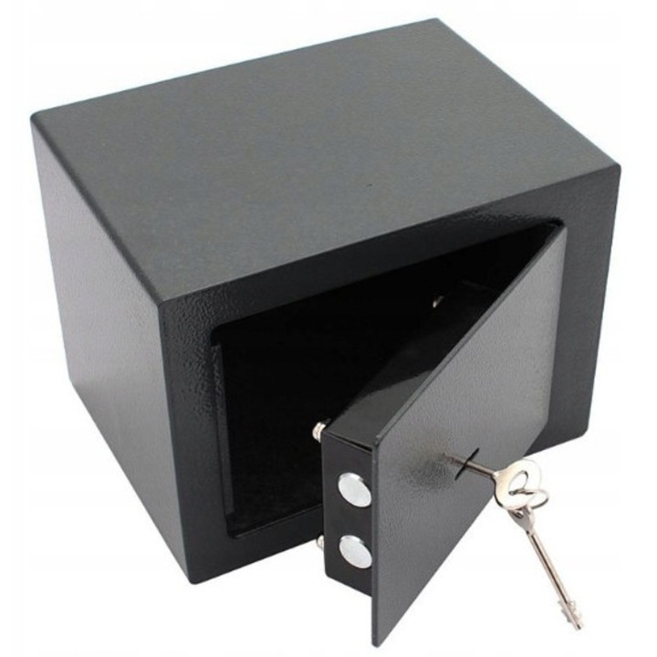 Seif mecanic pe cheie, 23x17x17 cm, negru, set cu 3 chei si 2 dibluri de montaj