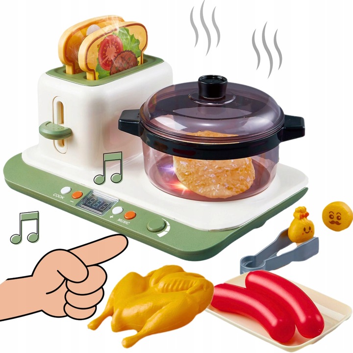 Set de bucatarie electrica pentru copii, BOUNN, 12 elemente, toster si oala, efecte sonore si luminoase, 3+ ani