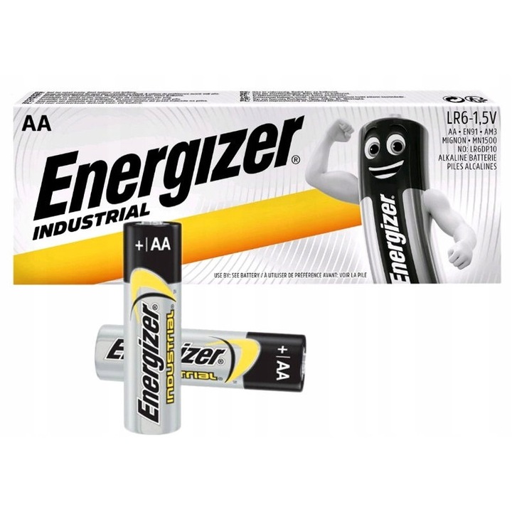 Set 10 baterii alcaline Energizer Industrial LR6 AA, 1.5V, dimensiuni 14.5x50.5mm