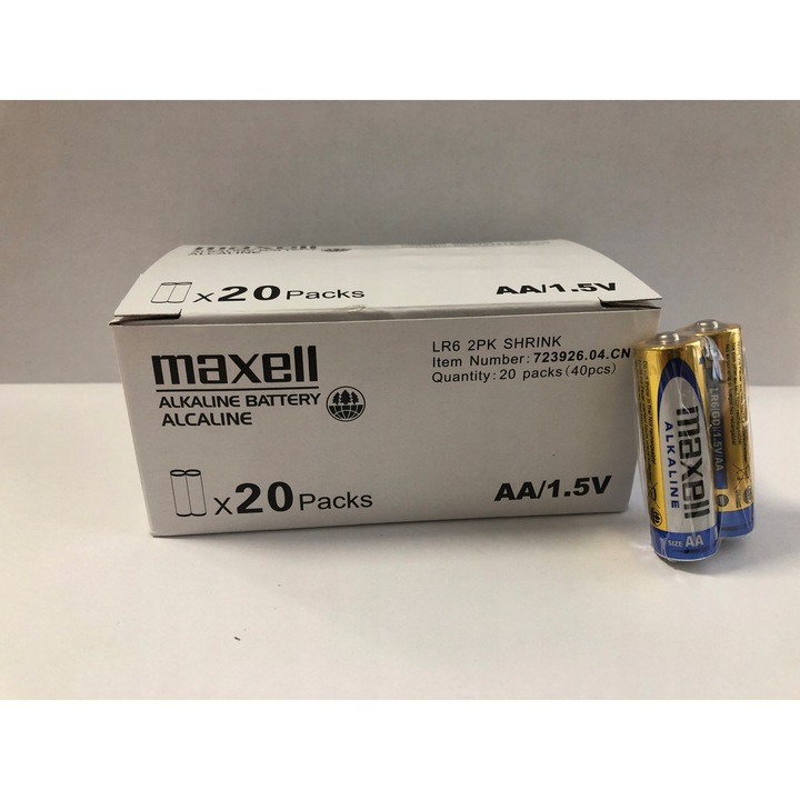 Set 40 Baterii Alkaline Maxell AA LR6, 1,5V, Economice, 14,5x50,5mm