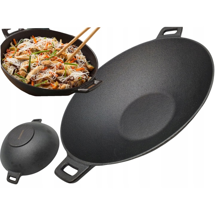 Tigaie Wok din fonta Krisberg, 31cm, 3,6kg, rezistenta la temperaturi ridicate, utilizabila pe toate tipurile de plite