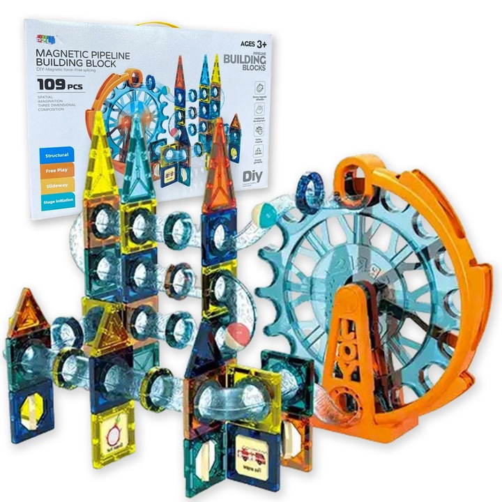 Set de constructie BOUNN Klocki Magnetice Diabelski Mlyn Tor Kulkowy 109 el., multicolor, 3+ ani
