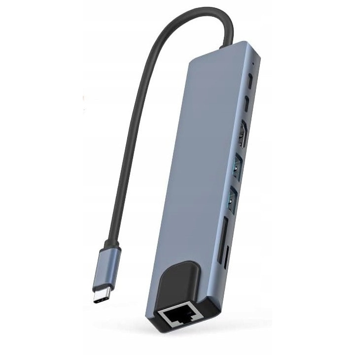 Хъб USB-C 8 в 1 Bounn, HDMI 4K, USB 3.0, RJ45, сив